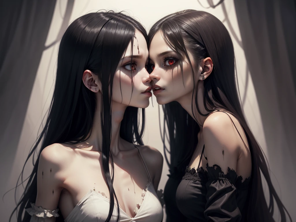 (very sharp result, full body desaturated photo) (((textile shading))), (((Best Quality))), (((masterpiece))), (((hyper realistic photo))) 2 pale vampire girl hold, make out & kiss each other) black & crimson robe outside, naked inside, showing big breast with red nipples, red castle mood lighting