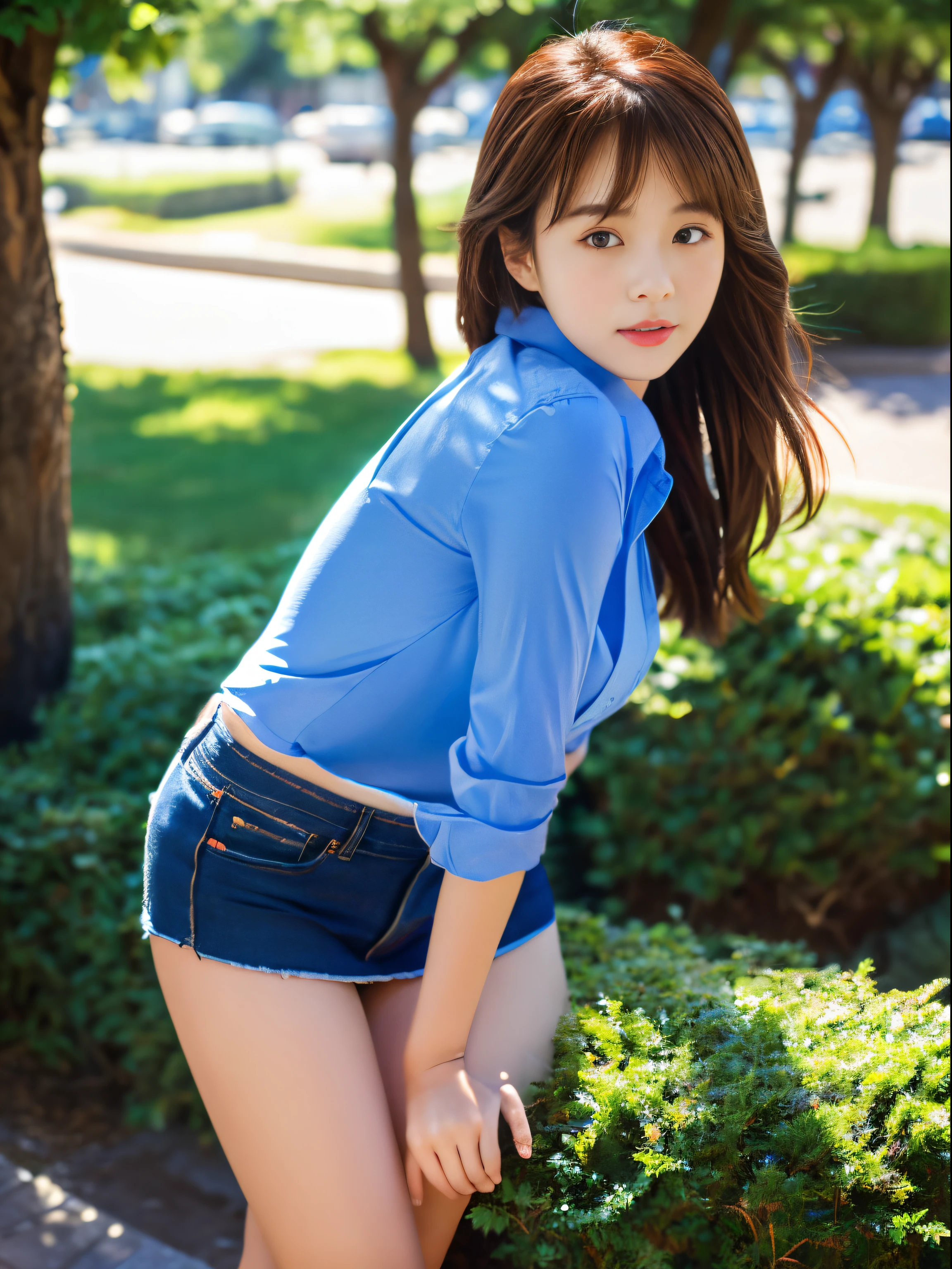 1 girl, blue eyes, Long hair, Big breasts,,Button-up shirt,Pronounced nipple contour,Exposed breasts, (Tight skirt:1.6),Legs open,Squatting on the ground,Thin hips,(Hips:2.0),Facing the camera,Look at the lens,full-body shot,(Ultra-low angle overhead shooting:1.6), Unity 8k wallpaper, Ultra Detailed, Aesthetic, masterpiece, best quality, Realistic,Random color matching,Face HD,Full body close-up,Extreme low-angle telephoto:1.6。Shoot at extreme angles,underboob shirt,skirt,Small amount,Prominent genital outline。underboob