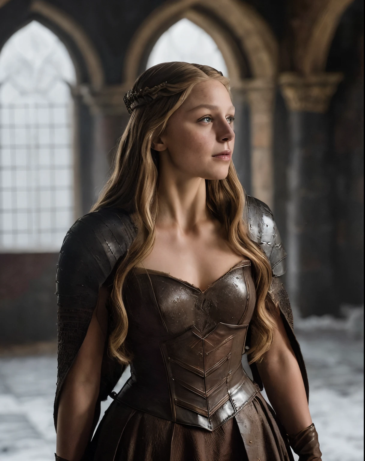 ( Photograph of Melissa Benoist  ) Alayne Stone, Gorgeous Woman, Queen, queen lady, Lady of Winterfell, Wardeness of the North,) the de facto Lady of the Eyrie, 40 years Old, she  a Full growned mature lady now, beautiful mature lady, the queen, milf beauty, mature queen, a captivating woman, beautiful queen, empress, mediaeval queen, alluring appearance, unrivaled beauty, , mediaeval erotic costumes, a Game of Thrones-inspired costume, a close-up of a woman from the middle ages, scene from "Game of Throne," deep cleavage, warrior princess, healthy body, perfect thick body, attractive figure, fleshy body, style of "Game of Throne,", stunning woman, dress made of leather  clothe ( ( insanely detailed realistic skin texture, pores, wrinkles ,freckles) , realistic environment, detailed ultra realistic facial features perfect body parts, ( hyper photorealistic) )