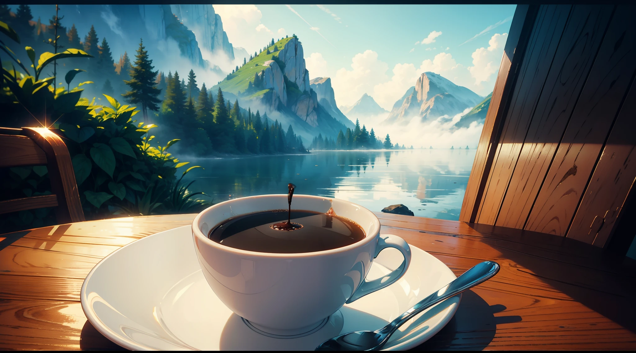 A photo of a cup of coffee with fog, 4k, QG, super detalhado bonito, cartoon