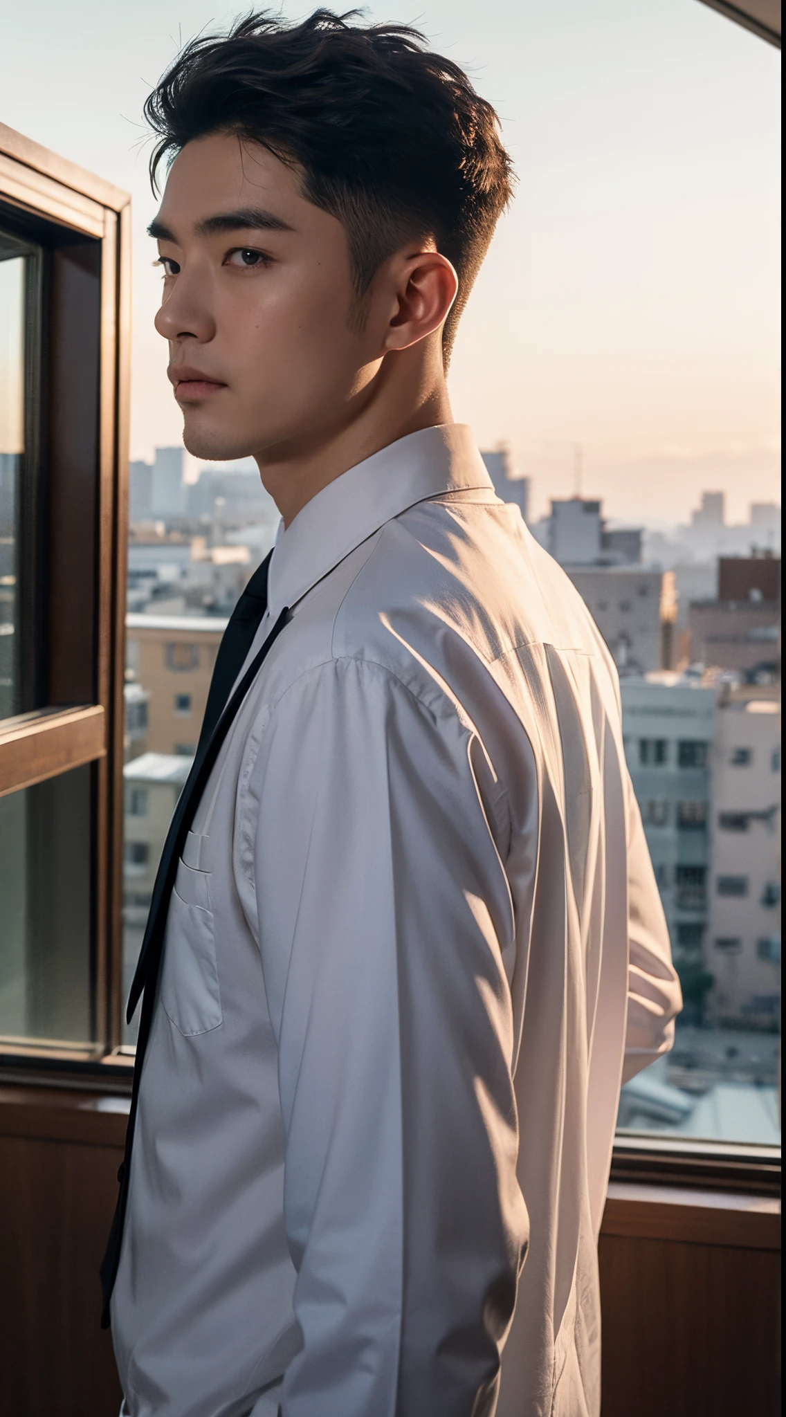 (realisticlying, tmasterpiece, 8K high-definition, Good lighting quality, sportrait, close on face, Complicated details), A handsome Korean uncle, lbeard，aged 40, Longing gaze, 详细的脸, 詳細な目, Look at the sky, shirt, Suitlack suit，tiese,黑The eye, (pale-skinned), Body standard,brunette color hair, slick hair,Big back， Outdoor activities, evening, the sunset,office room, hyper realisitc, Ethereal