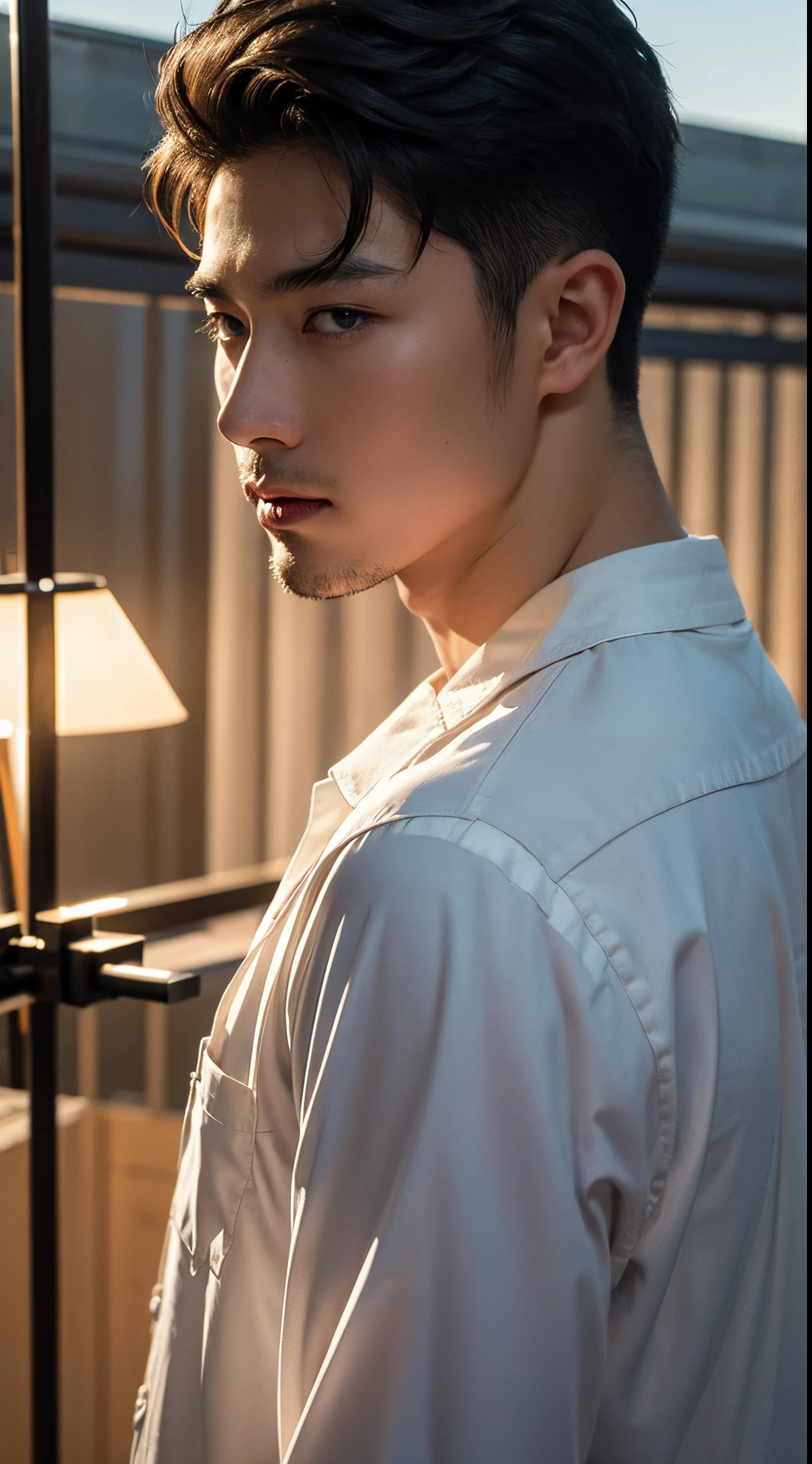 (realisticlying, tmasterpiece, 8K high-definition, Good lighting quality, sportrait, close on face, Complicated details), A handsome Korean uncle, lbeard，aged 40, Longing gaze, 详细的脸, 詳細な目, Look at the sky, shirt, Suitlack suit，tiese,黑The eye, (pale-skinned), Body standard,brunette color hair, slick hair,Big back， Outdoor activities, evening, the sunset,office room, hyper realisitc, Ethereal