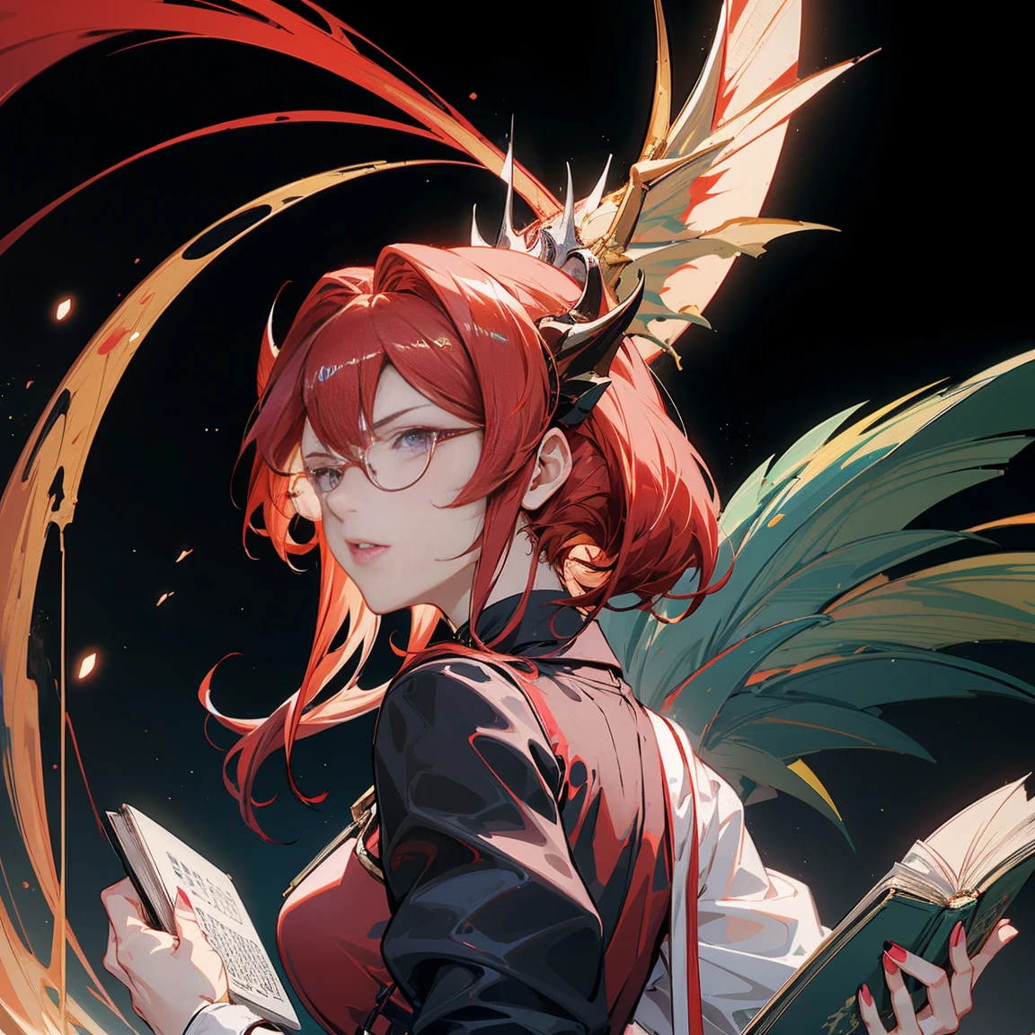 Mature anime girl (28 years old), red hair, high ponytail, one white streak of hair in the front, crystal hair band , ((glasses)), librarian dress, shoulder pads that look like wings, color palette red gold and teal, books