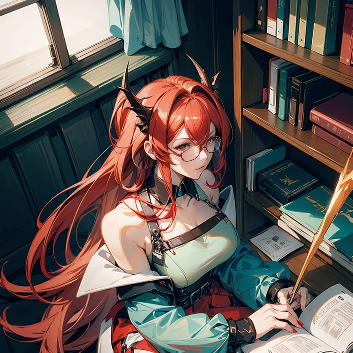 Mature anime girl (28 years old), red hair, high ponytail, one white streak of hair in the front, crystal hair band , ((glasses)), librarian dress, shoulder pads that look like wings, color palette red gold and teal, books