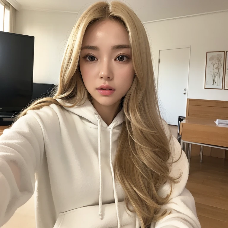 Best Masterpiece，超A high resolution,realisticlying，Highly detailed room looking directly into the camera，Photorealistic perfect body，Beautiful and delicate eyebrows and eyelashes，Clear skin texture，8k,long bright blonde hair，White hoodie，white sweatshirt