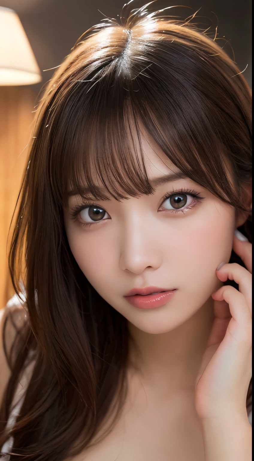 masutepiece, Best Quality, Illustration, Ultra-detailed, finely detail, hight resolution, 8K Wallpaper, Perfect dynamic composition, Beautiful detailed eyes , Hotel(Bet), Sexy face,Face feeling ecstasy,Face at the peak of sexual arousal,excited face from,Raw photo