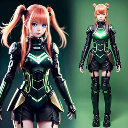 full body Esbian、poneyTail、Young redhead、cyberpunked、mechanical suit、Green eyes
