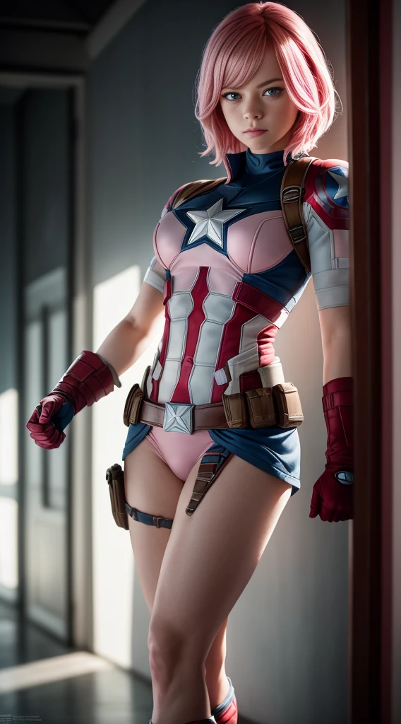 realistic image of emma stone as captain america no panties full body photography of (kathwin: 1), (Rim lighting in pink hair), Sharp, shallow depth of field, feminine heroic, (curvas: 1,2), (altamente detalhado), (premiado), (obra-prima), foto do filme, ( HDR), (papel de parede 8k),captain america costume,voando,heaven background,foco feminino
