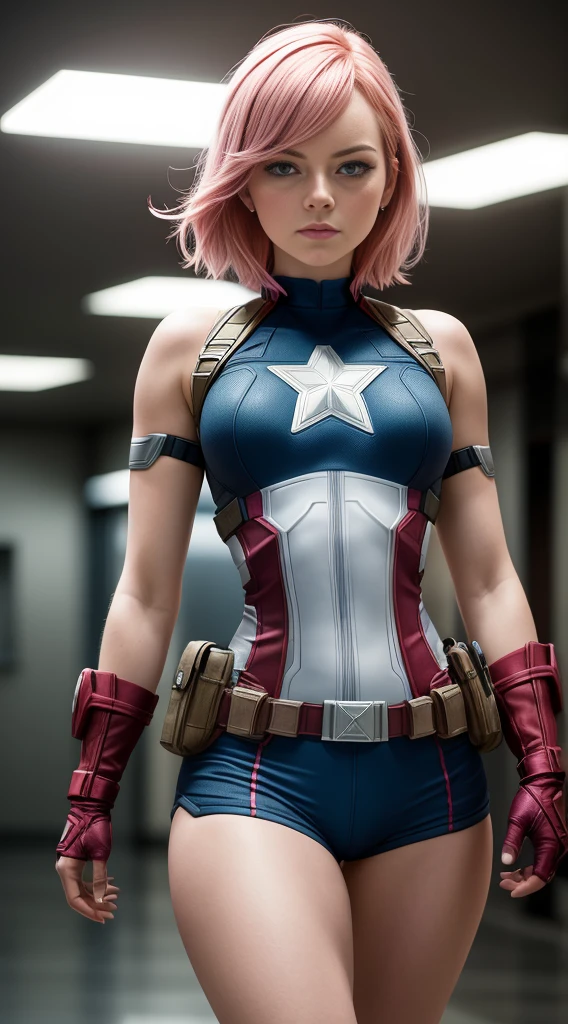 realistic image of emma stone as captain america no panties full body photography of (kathwin: 1), (Rim lighting in pink hair), Sharp, shallow depth of field, feminine heroic, (curvas: 1,2), (altamente detalhado), (premiado), (obra-prima), foto do filme, ( HDR), (papel de parede 8k),captain america costume,voando,heaven background,foco feminino