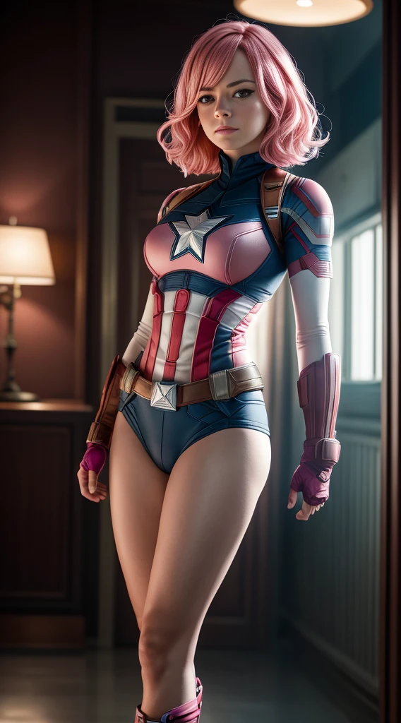 realistic image of emma stone as captain america no panties full body photography of (kathwin: 1), (Rim lighting in pink hair), Sharp, shallow depth of field, feminine heroic, (curvas: 1,2), (altamente detalhado), (premiado), (obra-prima), foto do filme, ( HDR), (papel de parede 8k),captain america costume,voando,heaven background,foco feminino