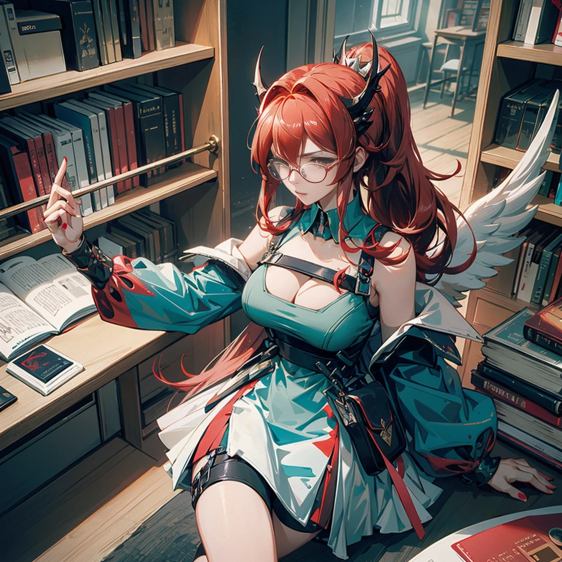 Mature anime girl (28 years old), red hair, high ponytail, one white streak of hair in the front, crystal hair band , ((glasses)), librarian dress, shoulder pads that look like wings, color palette red gold and teal, books