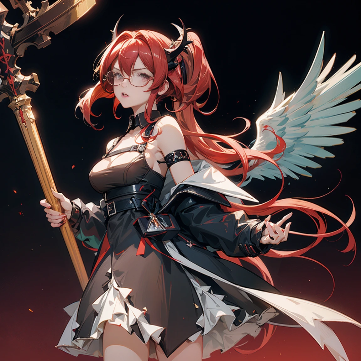 Mature anime girl (28 years old), red hair, high ponytail, one white streak of hair in the front, crystal hair band , ((glasses)), librarian dress, shoulder pads that look like wings, color palette red gold and teal, books