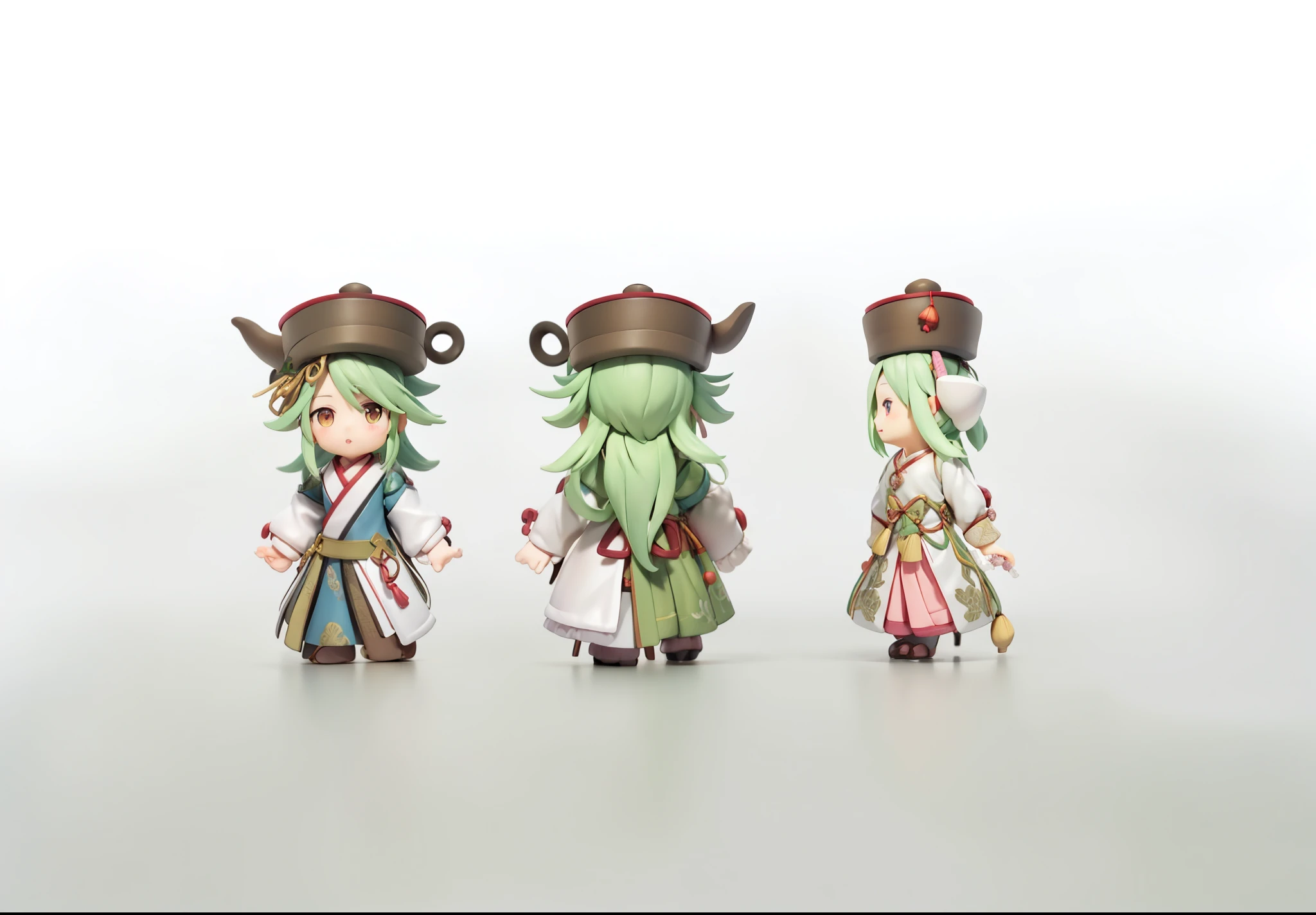 Three characters wearing traditional Chinese clothes and teapot hats, ambitious character, Rune Factory 5 art style, Based on the character of Haggis, [ character  design ], Game character design, a scene from, Maple Leaf Story style, high quality character design, Maple Leaf Story character art, To this + concept-art, corner draft, character  design, cute character, change，Hands hanging down and  fists