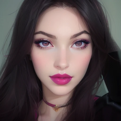 a close up of a woman with long hair and a pink lipstick, portrait sophie mudd, pink lips, sexy face with full makeup, close up face, stunning closeupheadshot, dark lipstick, pink lipstick, dark hair and makeup, inspired by Ksenia Milicevic, deep red lips, full - face close - up portrait, lips wide parted