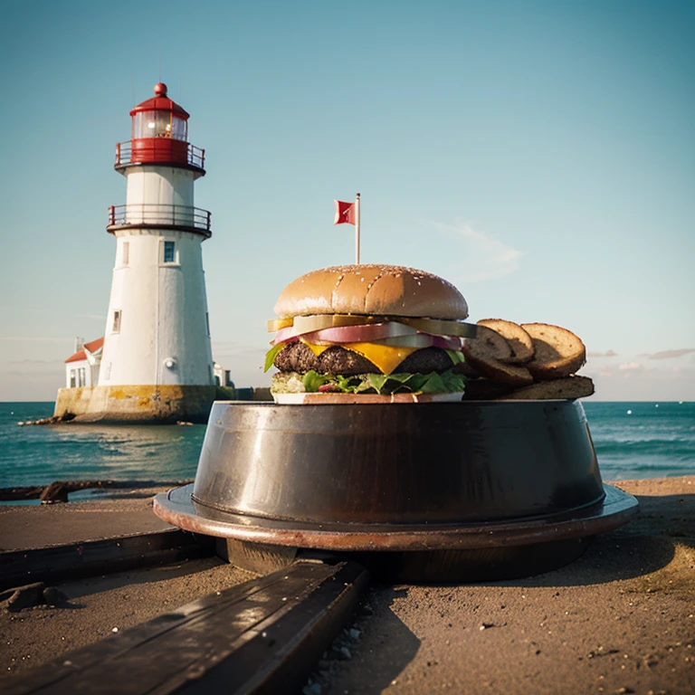 Create a retro logo with a lighthouse. With the lighthouse and the burger in evidence