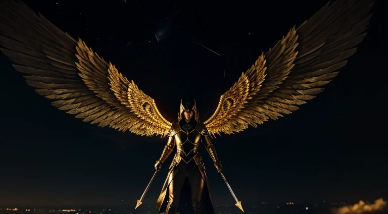archangel with thousands of wings in the dark sky with a huge glowing golden scythe