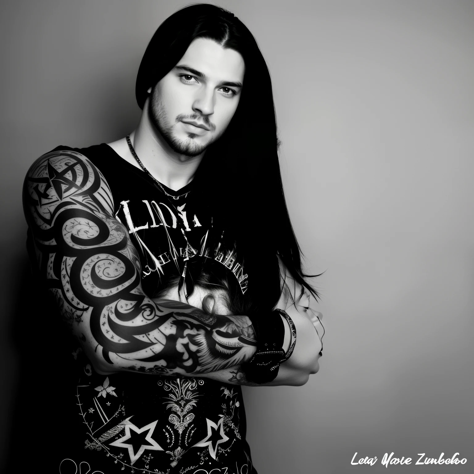 Homem com cabelos longos e tatuagens posando para uma foto, com seus longos cabelos pretos, com longos cabelos pretos, Laszlo Szabados, inspirado em Ludovit Fulla, sebastian ludke, com cabelos longos e olhos penetrantes, inspirado em Serhii Vasylkivsky, longos cabelos escuros, Leonid, cabelos longos escuros