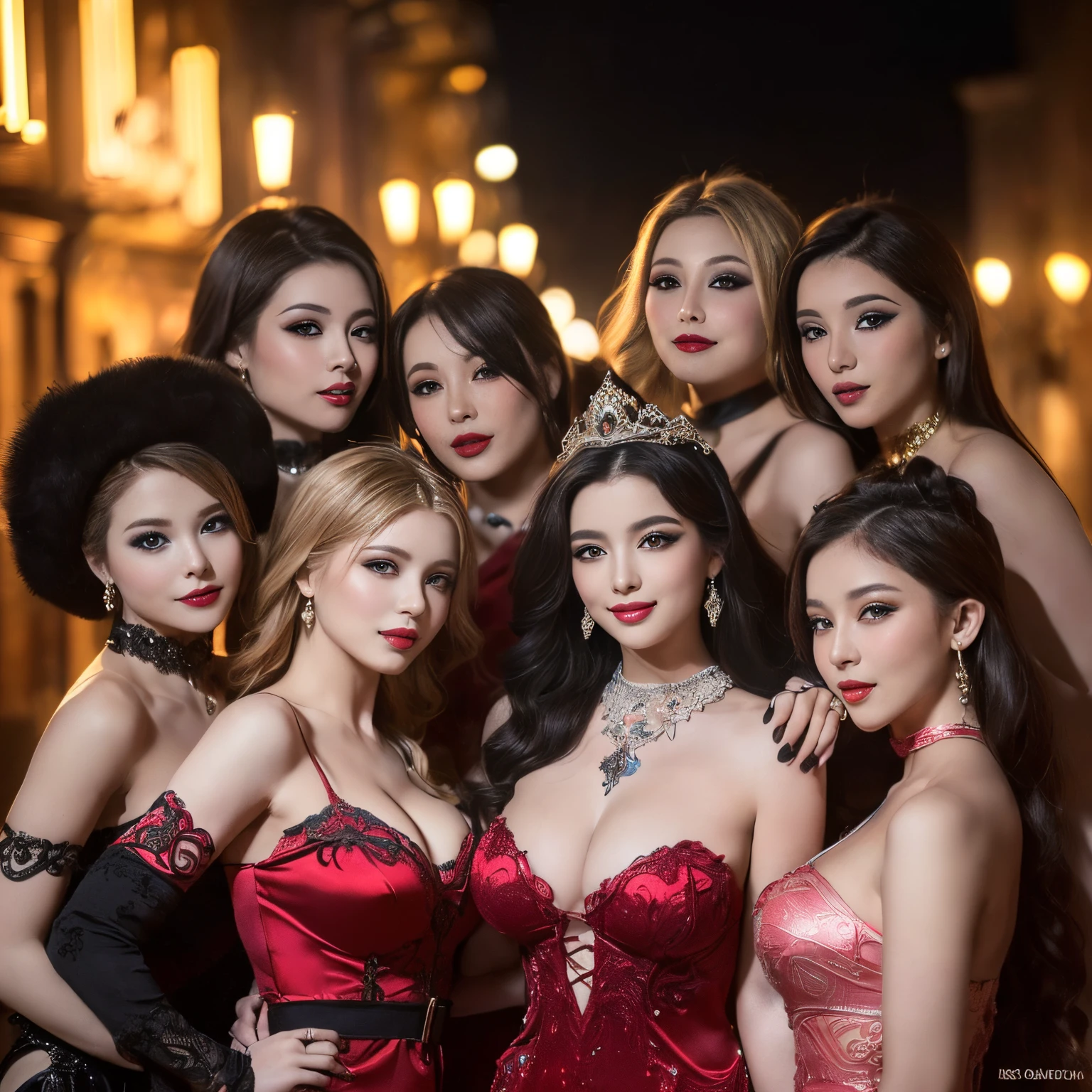((top-quality、masutepiece、8K、Top image quality、Highly complex and detailed depictions))、(Group photo of Russian prostitutes:1.5)、(5 prostitutes in the most gorgeous and extravagant outfits:1.3)、(5 most gorgeous and beautiful prostitutes:1.3)、(Five prostitutes in the most gorgeous outfits pose for a group photo:1.5)、Luxury red-light district of medieval Russia、(The most luxurious and intricate prostitute costumes:1.5)、(Huge and luxurious costumes of the most luxurious and dignified courtesans:1.5)、((The most gorgeous Russian prostitute costumes、The most extravagant and lewd red-light district、An unimaginably huge entertainment district、A very luxurious and obscene red-light district of medieval Russia、Huge red light district at midnight in medieval Russia、Very complex decoration)、(View me、Bewitching smile、long eyelashes、Perfect makeup、lipsticks、A slight smil)、(perfect anatomia:1.2)、(blurry backround:1.1)、(Portrait photos:1.2)、spectacular movie lighting、(romantic mood night:1.1)、(Perfectly recreates the atmosphere of medieval Russian red-light districts:1.3)、(obscene entertainment district:1.1)、(Obscene mood 1.1)
