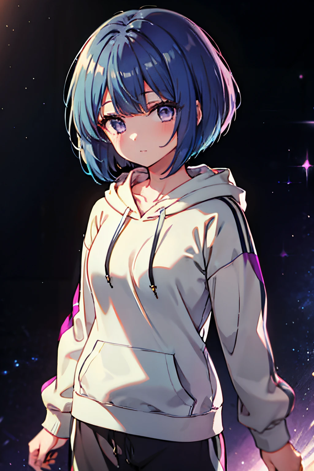 Young girl with a medium-length bob cut and bright deep blue hair, she had pinkish-violet eyes that glowed vibrantly, she was wearing a plain grey hoodie and joggers, violet eyes