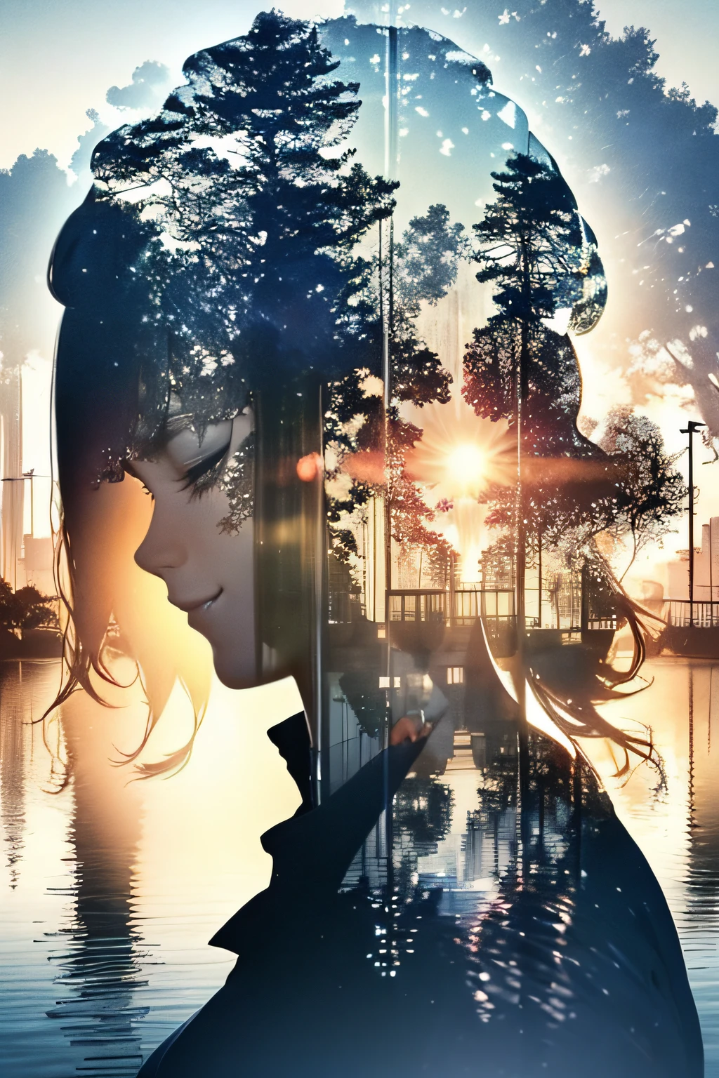 photoRealstic、((Super multiple exposure effect where the background can be seen through the clothes))、girl with、A smile、Lakeside in the background、Wonderful、towards the night view, If you leave the shutter open for a long time、create a line of light.