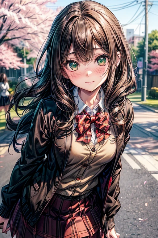 1girl in, Single, Solo, Beautiful anime girl, Beautiful Art Style, Anime Character, ((Long hair, Bangs, dark brown hair, Curly hair:0.4, hair pin)), ((Green eyes:1.4, rounded eyes, Beautiful eyelashes, Realistic eyes)), ((Detailed face, Blushing:1.2)), ((Smooth texture:0.75, Realistic texture:0.65, Photorealistic:1.1, Anime CG style)), medium breasts, ((Dynamic Angle, close up, POV)), Perfect body, ((red bowtie, School uniform, Black jacket, Open jacket, Brown cardigan, White shirt, Black skirt, plaid skirts)), Smile, hands behind back, amusement park, cherryblossom