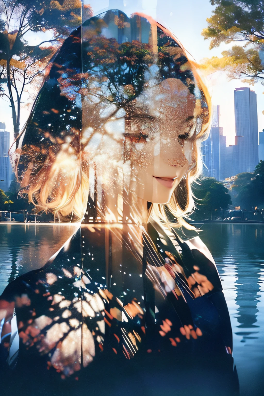 photoRealstic、((Super multiple exposure effect where the background can be seen through the clothes))、girl with、A smile、Lakeside in the background、Wonderful、towards the night view, If you leave the shutter open for a long time、create a line of light.