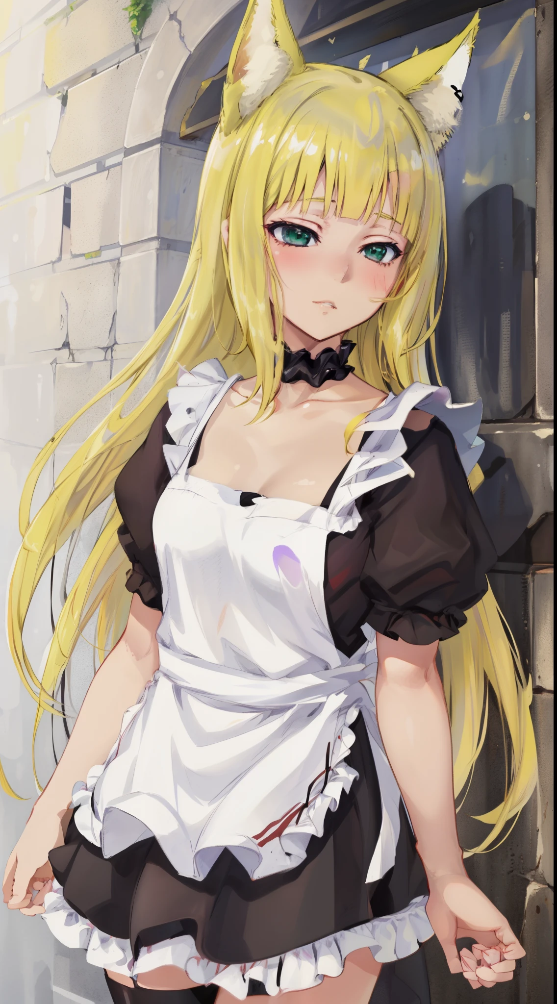 haruhime 1girl, blond hair fox_ears huge fox tail long hair blunt_bangs shiny hair, green_eyes sleepy eyes, eyeliner blush medium breasts skindantation choker :> , (((black long skirt black lonaid white waist apron frilled white blouse))) double-breasted,underbust, +++ best quality, high detailed, anime coloring illustration game cg contrapposto ++ Faint lips,UC:realistic cute anime face cinematic angle Girl at the front single focus dynamic pose, portrait