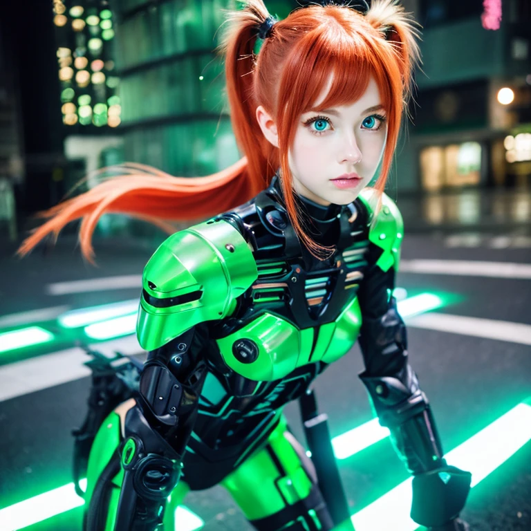 full body Esbian、poneyTail、Young redhead、cyberpunked、mechanical suit、Green eyes