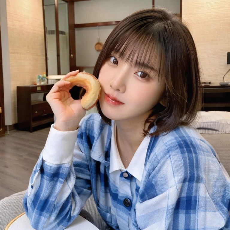 There is a woman sitting on a chair with a donut in her hand, south east asian with round face, with round face, with round cheeks, with professional makeup, 20yr old, 2 0 years old, Full round face, 2 0 years old, bbwchan, 8K selfie photo, Round chin, 320 years old female,エロ
