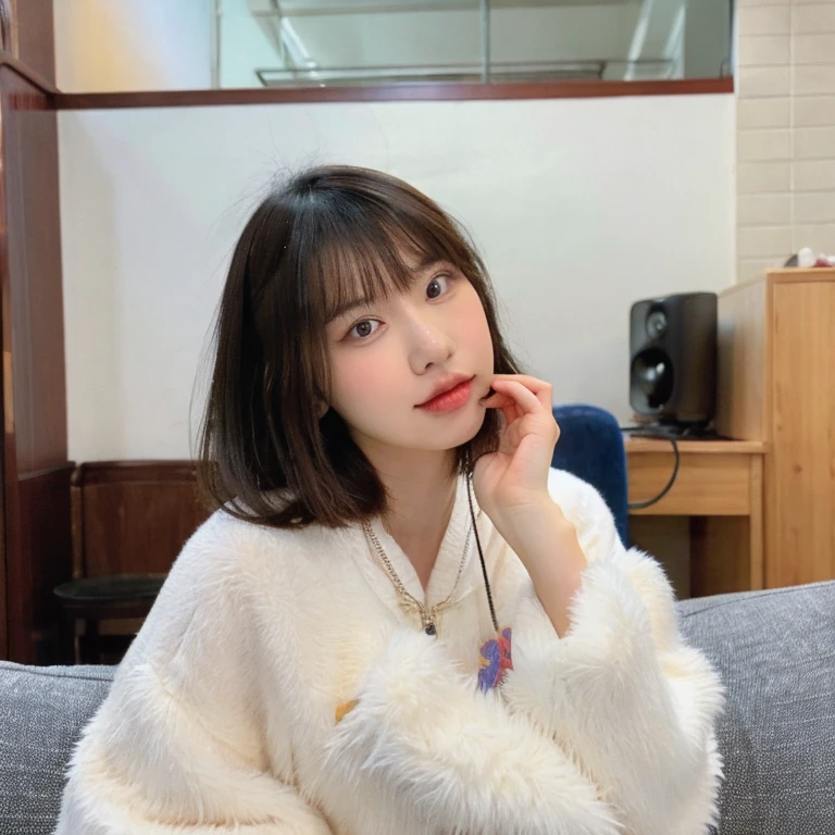 There is a woman sitting on a chair with a donut in her hand, south east asian with round face, with round face, with round cheeks, with professional makeup, 20yr old, 2 0 years old, Full round face, 2 0 years old, bbwchan, 8K selfie photo, Round chin, 320 years old female,エロ