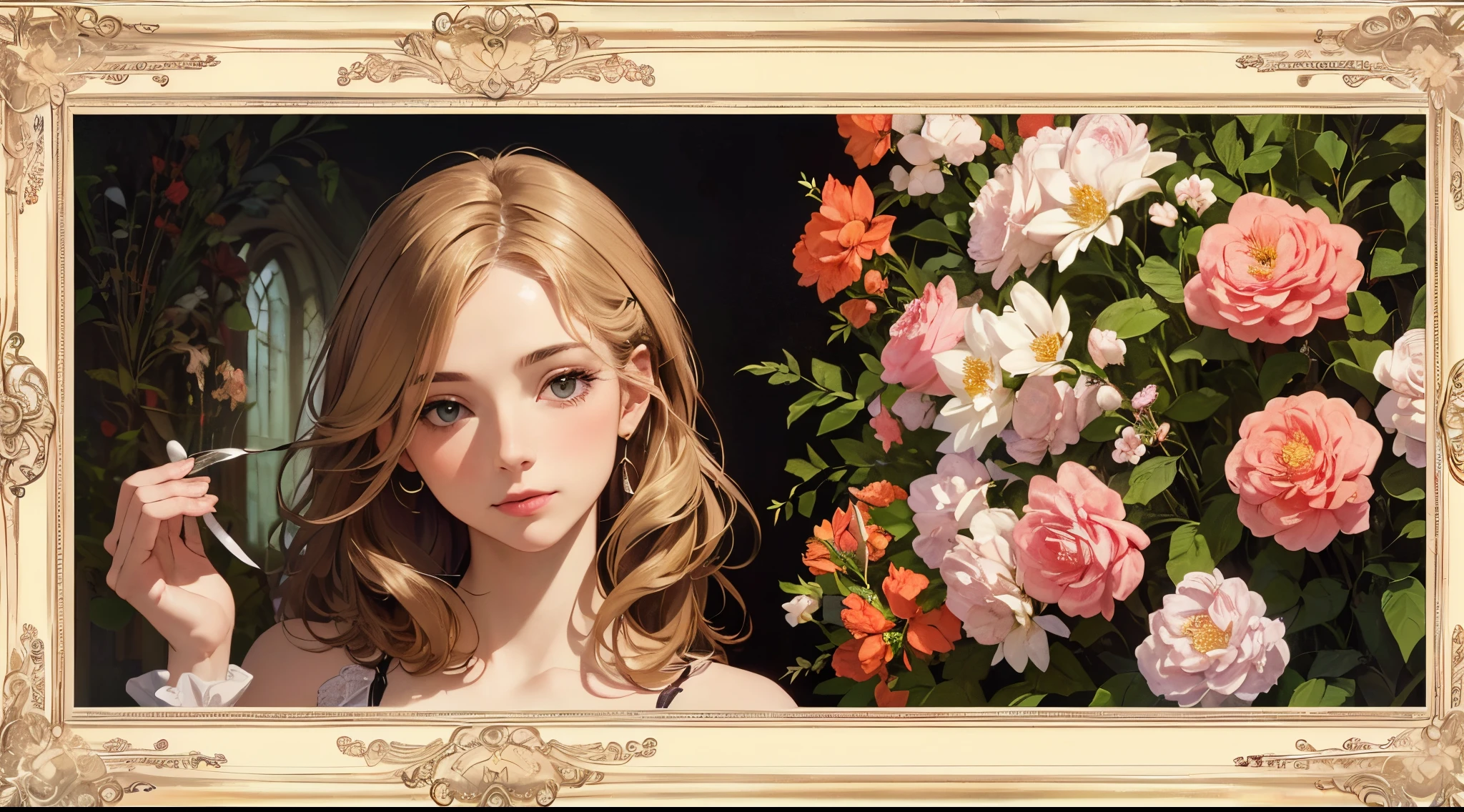 Portrait of a European woman's face, with long coiled hair, blond hairbl, Flower frame, Decorative panels, abstracted, author：Alphonse Mucha (tmasterpiece, Best quality at best, A high resolution: 1.4), Detailed pubic hair, Complicated details, 4K, splash of color, line art, Fibonacci, wear lingerie