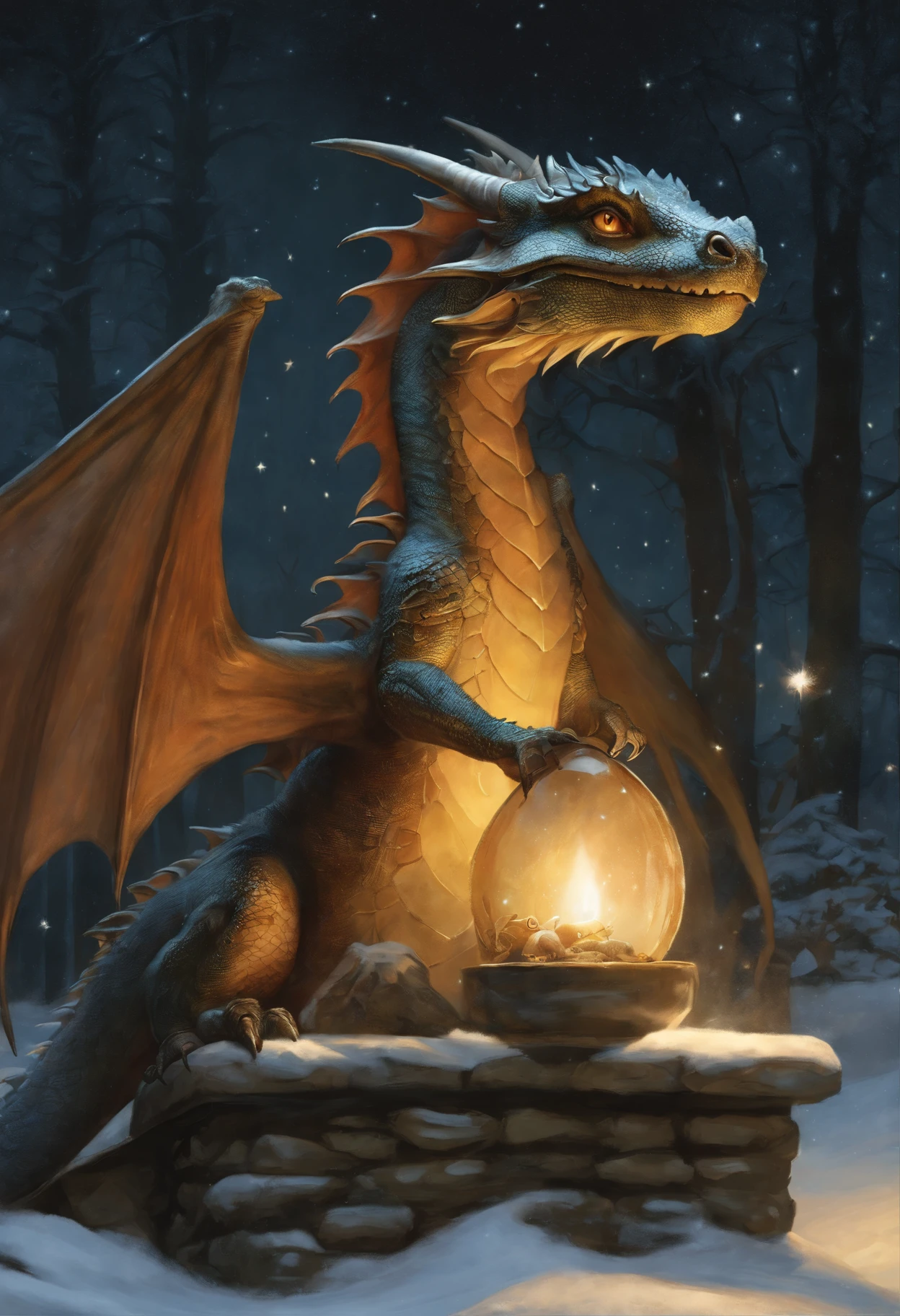 真实感, Fantastic tale, John Tolkien style, Christmas style, Small painting by Jean-Baptiste Monge,  ass egg, dragon eggs, baby dragons, Little Dragons, dragon children, huge christmas tree, dragons under the tree, garlands of stars,christmas night, The stars are shining, realistic fantasy illustration, dragon art, D&d Commission Art Dragon,  anthro dragon art, European Dragon, Portrait of a Dragon, Tarragon Vore Art, Anthropomorphic dragon, Ultraterrestrial Dragons, Fantasy role-playing game....., book illustration ,The city, megalopolis, city trail, big house, glass skyscraperJean-Baptiste Monge, anthropomorphic --ar 2:3 --testp -optimistic;
