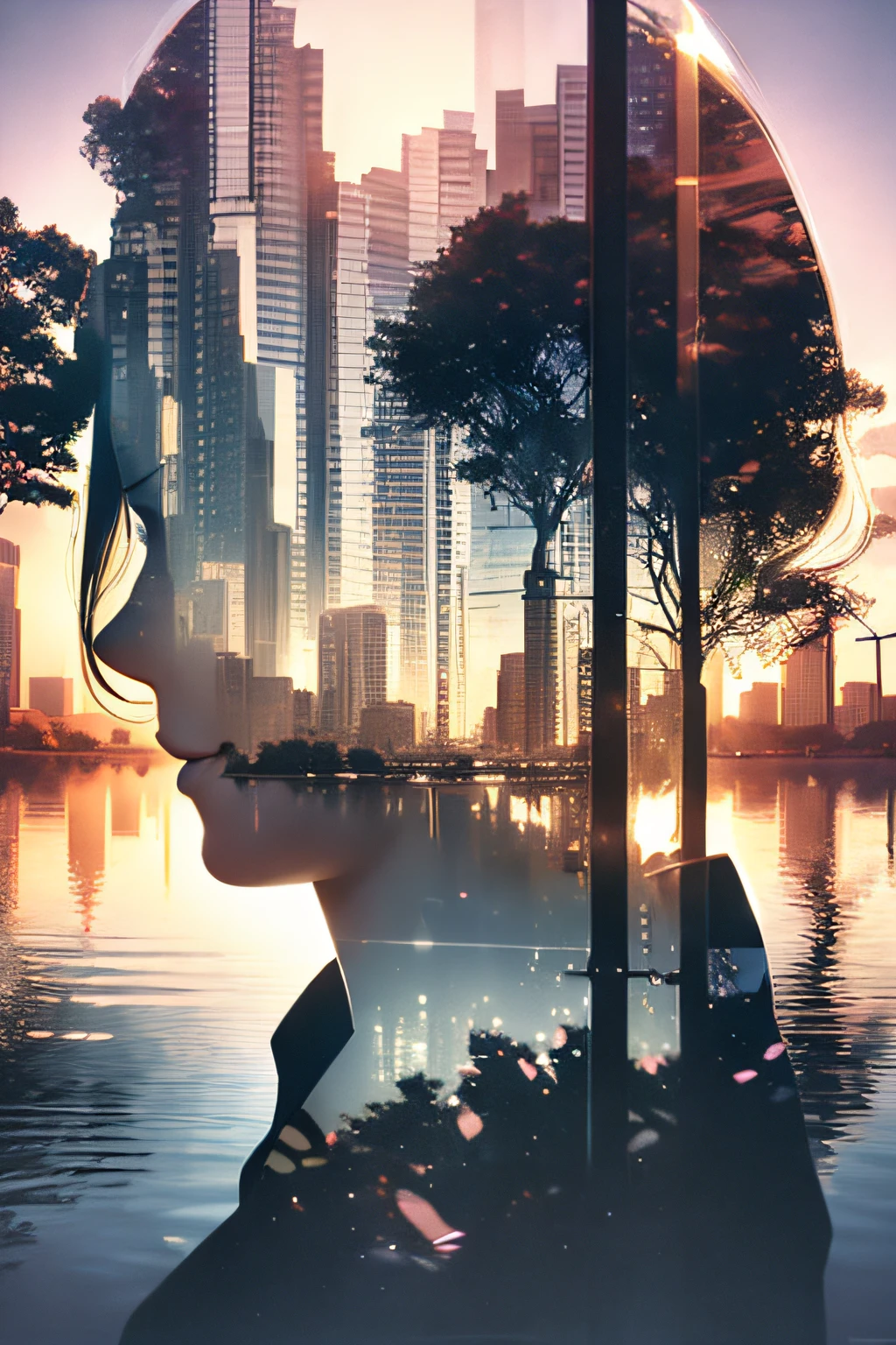 photoRealstic、((Super multiple exposure effect where the background can be seen through the clothes))、girl with、A smile、Lakeside in the background、Wonderful、towards the night view, If you leave the shutter open for a long time、create a line of light.