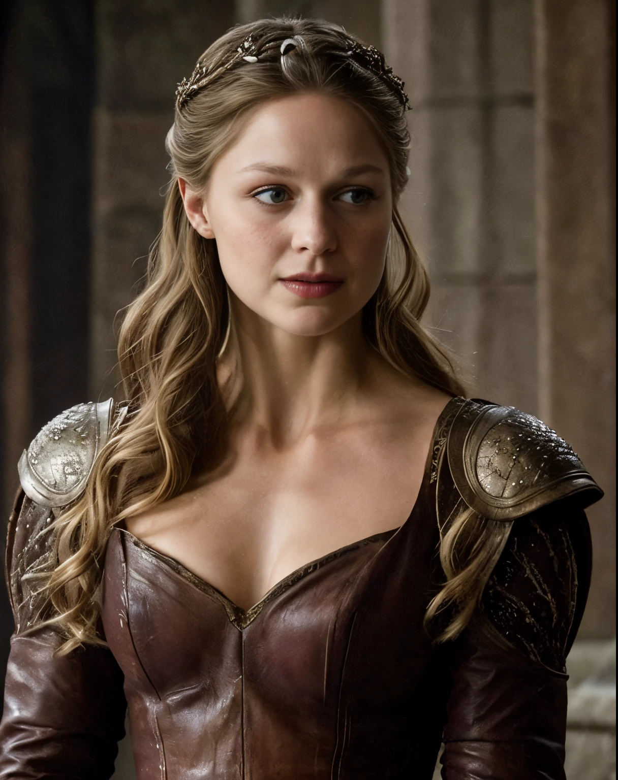 ( Photograph of Melissa Benoist  ) Alayne Stone, Gorgeous Woman, Queen, queen lady, Lady of Winterfell, Wardeness of the North,) the de facto Lady of the Eyrie, 40 years Old, she  a Full growned mature lady now, beautiful mature lady, the queen, milf beauty, mature queen, a captivating woman, beautiful queen, empress, mediaeval queen, alluring appearance, unrivaled beauty, , mediaeval erotic costumes, a Game of Thrones-inspired costume, a close-up of a woman from the middle ages, scene from "Game of Throne," deep cleavage, warrior princess, healthy body, perfect thick body, attractive figure, fleshy body, style of "Game of Throne,", stunning woman, dress made of leather  clothe ( ( insanely detailed realistic skin texture, pores, wrinkles ,freckles) , realistic environment, detailed ultra realistic facial features perfect body parts, ( hyper photorealistic) )