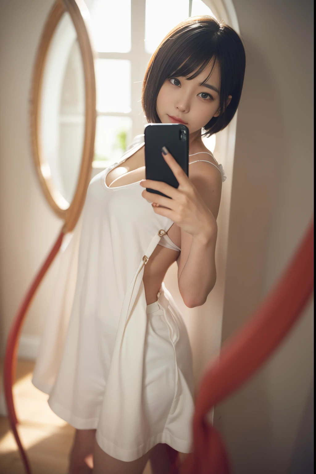 ultra-quality, ultla highres, Hyper Detailed, High contrast, Ultrafine Strike, creative refinement,livingroom,Wearing a camisole,Cleavage visible,Have an iPhone