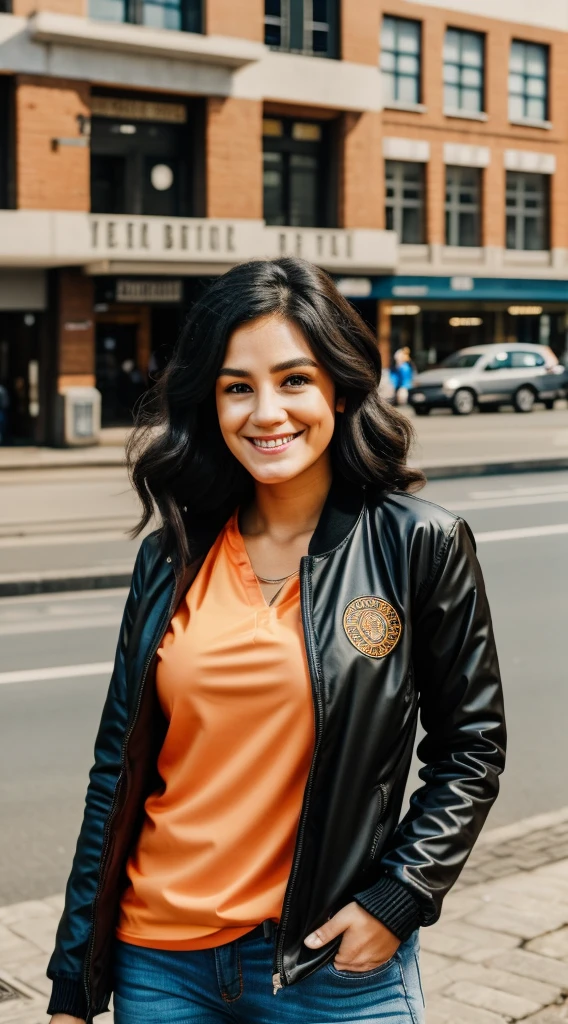 smiling woman with a black jacket and orange shirt in front of a crowd, this person does not exist, 30 years old, french, vicky kriepiles teller merged, entire body visible, full body, hyperrealistic, best quality, 8K, masterpiece, extremely intricate, detailed eyes, detailed face, detailed body, exaggerated features, pronounced features, fujifilm