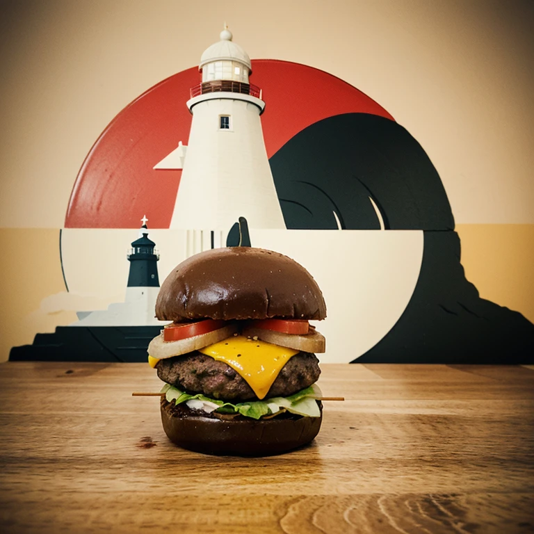 Create a retro logo with a lighthouse. With the lighthouse and the burger in evidence