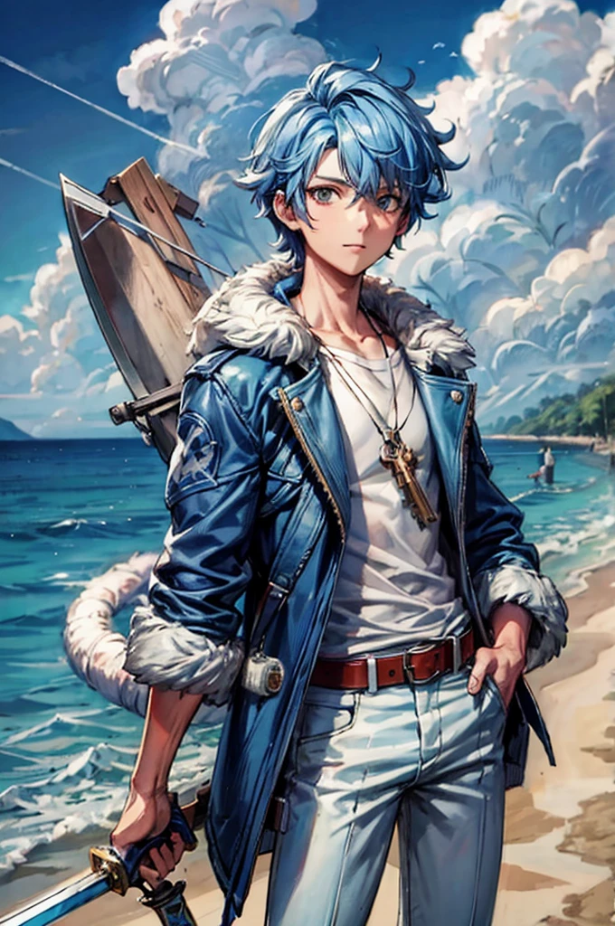 a man with blue hair and a blue jacket holding a sword, detailed key anime art, detailed digital anime art, detailed anime character art, 2 d anime style, wallpaper anime blue water, high detailed official artwork, 4 k manga wallpaper, highly detailed exquisite fanart, high quality anime artstyle, anime art wallpaper 8 k, key anime art, badass anime 8 k, full body