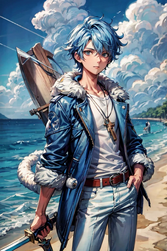 a man with blue hair and a blue jacket holding a sword, detailed key anime art, detailed digital anime art, detailed anime character art, 2 d anime style, wallpaper anime blue water, high detailed official artwork, 4 k manga wallpaper, highly detailed exquisite fanart, high quality anime artstyle, anime art wallpaper 8 k, key anime art, badass anime 8 k, full body