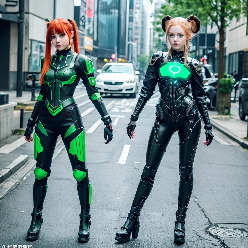 full body Esbian、poneyTail、Young redhead、cyberpunked、mechanical suit、Green eyes