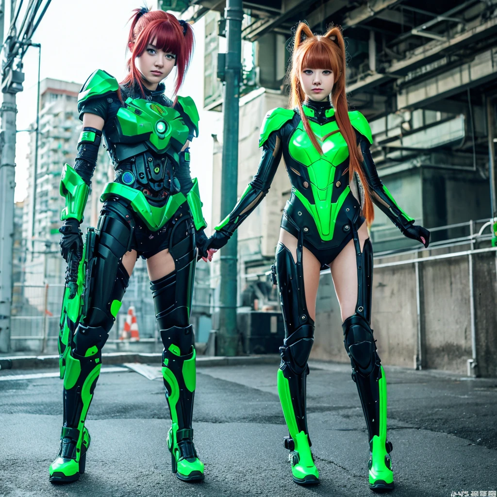 full body Esbian、poneyTail、Young redhead、cyberpunked、mechanical suit、Green eyes