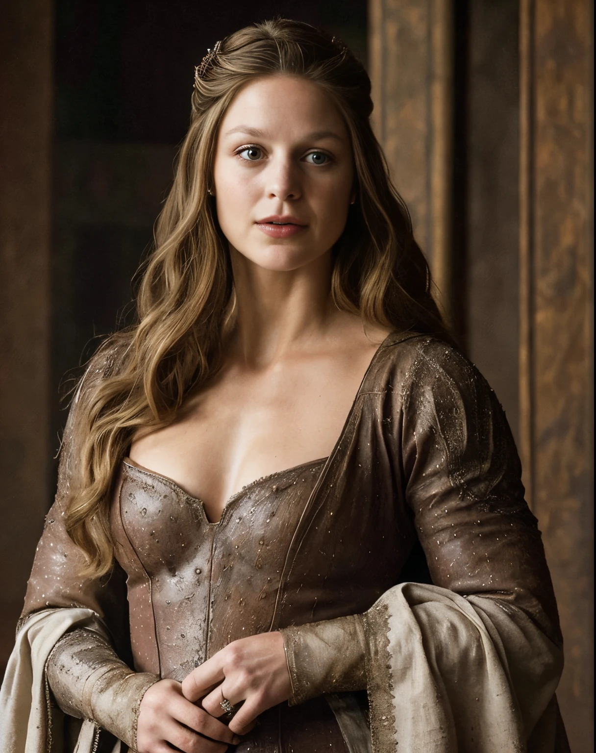 ( Photograph of Melissa Benoist  ) Alayne Stone, Gorgeous Woman, Queen, queen lady, Lady of Winterfell, Wardeness of the North,) the de facto Lady of the Eyrie, 40 years Old, she  a Full growned mature lady now, beautiful mature lady, the queen, milf beauty, mature queen, a captivating woman, beautiful queen, empress, mediaeval queen, alluring appearance, unrivaled beauty, , mediaeval erotic costumes, a Game of Thrones-inspired costume, a close-up of a woman from the middle ages, scene from "Game of Throne," deep cleavage, warrior princess, healthy body, perfect thick body, attractive figure, fleshy body, style of "Game of Throne,", stunning woman, dress made of leather  clothe ( ( insanely detailed realistic skin texture, pores, wrinkles ,freckles) , realistic environment, detailed ultra realistic facial features perfect body parts, ( hyper photorealistic) )