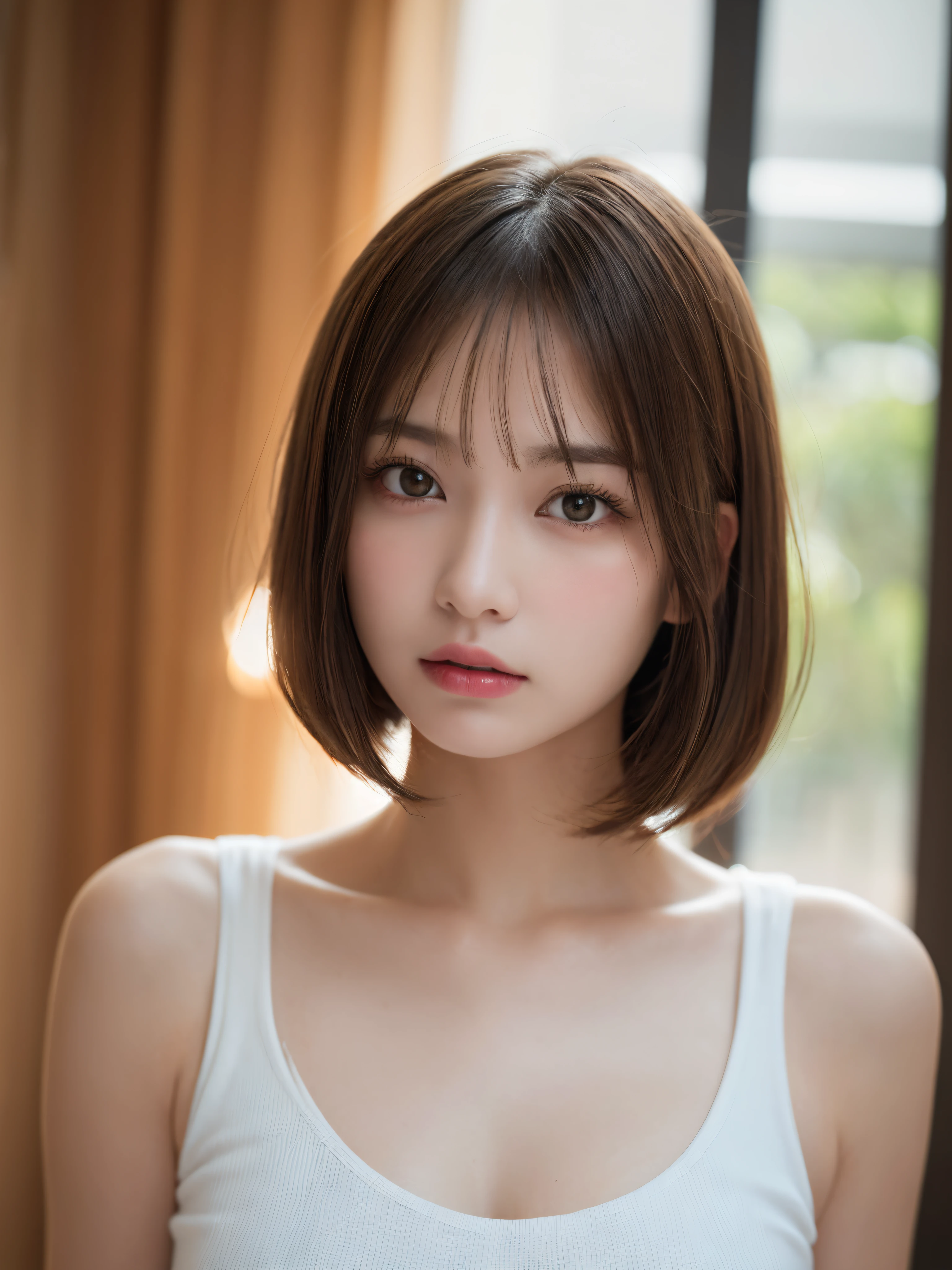 ((NSFW))、(​masterpiece:1.5)、(8K)、(Photorealsitic:1.5)、Raw photography、(Top image quality:1.4)、(foco nítido:1.5)、 top-quality、​masterpiece、超A high resolution、Photograph the whole body、Perfect dynamic composition、 20 years old、slender、Unwind in the living room、prety woman:1.4、serious facial expression、 Wearing a white leotard、 light brown hair、bob cuts、Glowing hair、 Super Detail Face、A detailed eye、二重まぶた、 Natural Color Lip、Transparent skin、