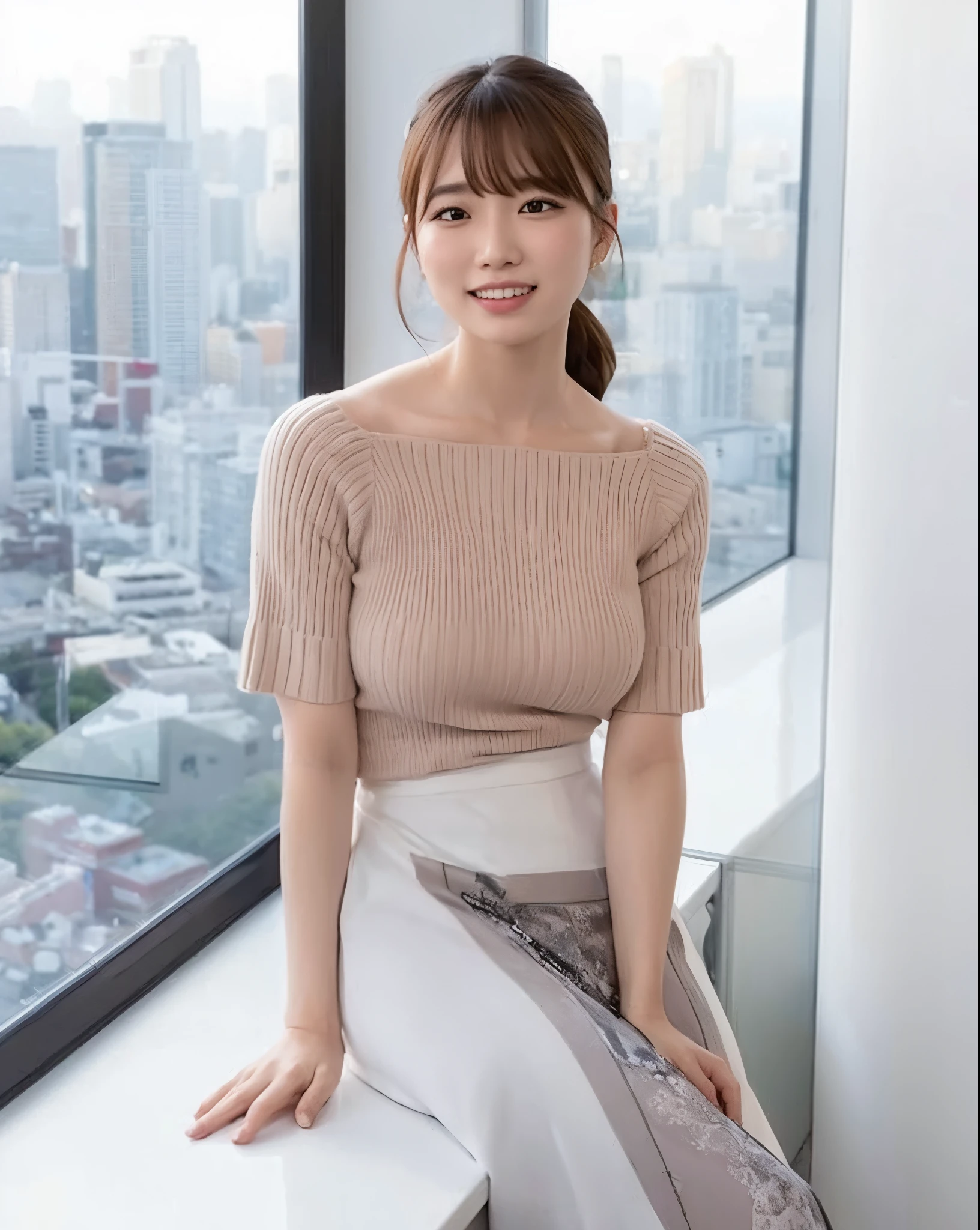 japanese, hostess makeup, brown hair, bangs, smile, dynamic angle, high res, (photo realistic:1.2), (highly detailed:1.1),((wearing a sleeveless turtle neck pink knit dress:1.3)),(View of the city at night), window, delicate background, bokeh, professional lighting, physically-based rendering, ((backshot)), slim, sexy, large breasts, ((stick out butt)),