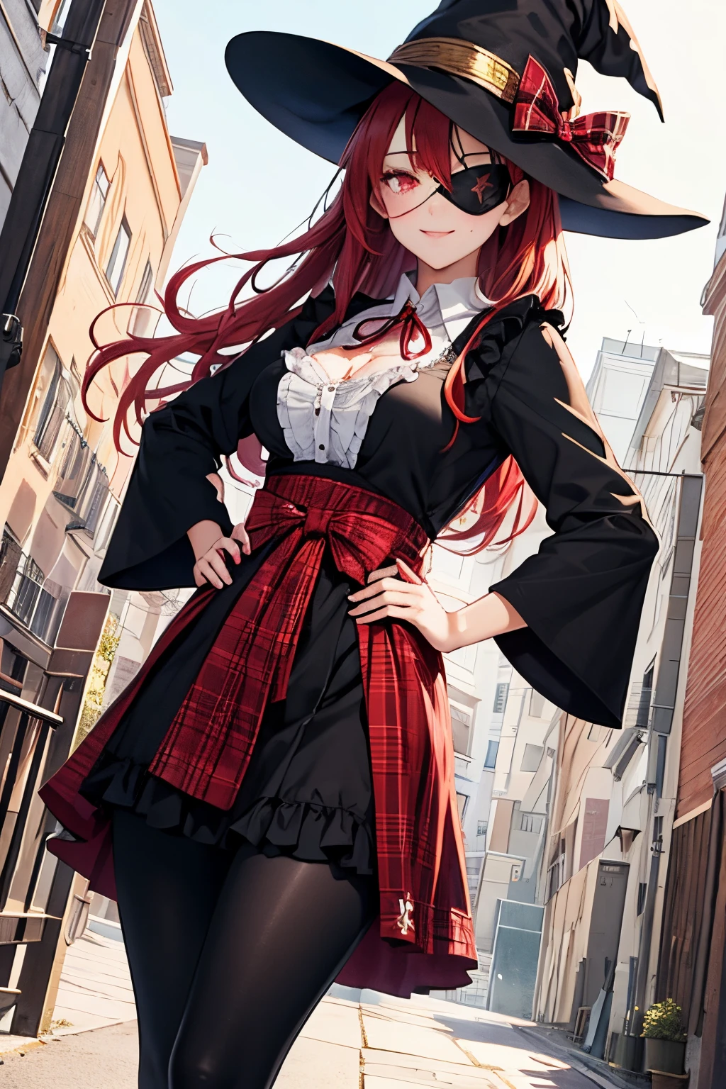 ((eyepatch:1.2)), (long hair:1.4), (red hair, red eyes:1.4), 1girl, solo, hat, skirt, legging, witch hat, dirndl gown, black headwear, black dirndl gown, smile, outdoors, black skirt, looking at viewer, black legging, rose pattern legging, red witch hat, long sleeves, bangs, ribbon, frilled skirt, frills, plaid, bow, open clothes, blush, neck ribbon, Star shape eyepatch, gold eyepatch, standing, red ribbon, wide sleeves, black robe, open robe, robe, adult, hand on waist, medium breasts, large breasts, Medium Shot Camera Angle