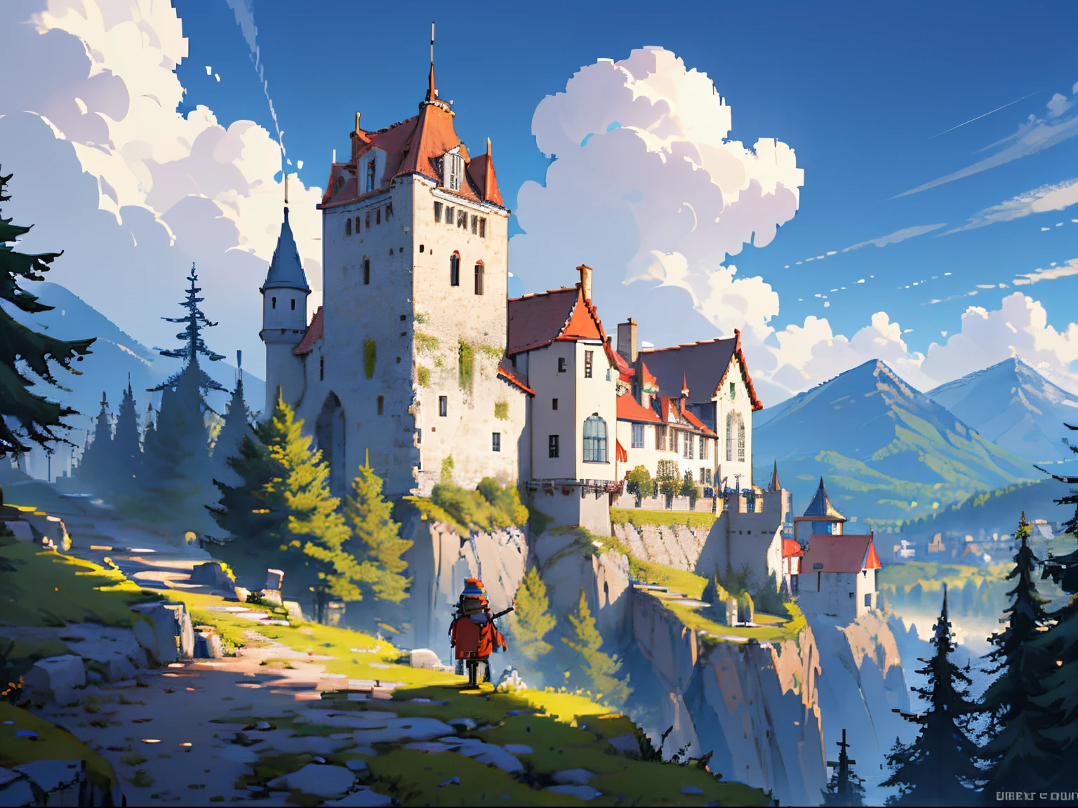A pixel art of a medieval warrior on a hill looking at a medieval castle, landscape, mountains in the distance, pine trees, gorgeous clear sky, (ultra detailed), (masterpiece), intricate, intricate details, pixelart
