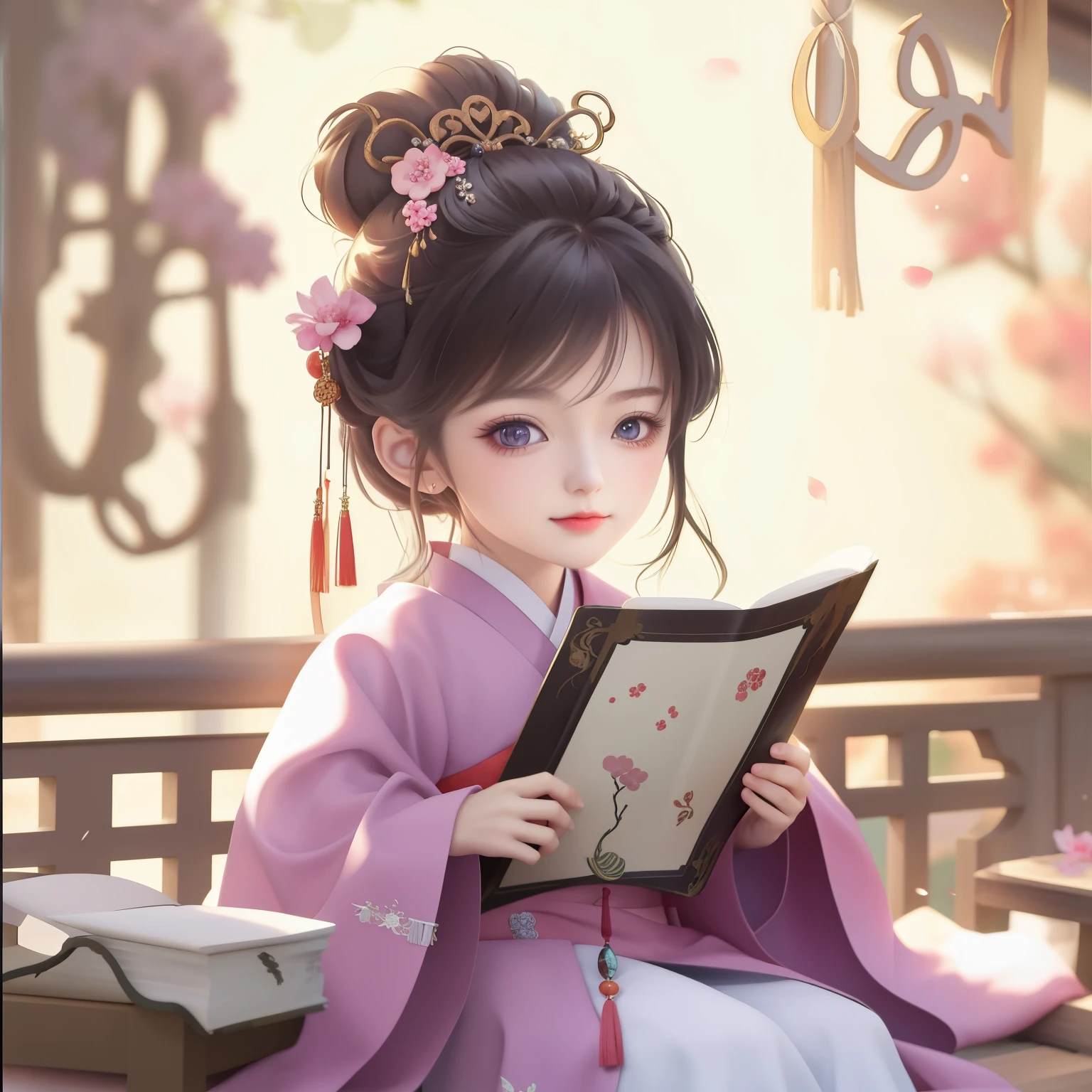 anime girl in a kimono sitting on a bench reading a book, palace , a girl in hanfu, beautiful character painting, guweiz, artwork in the style of guweiz, realistic cute girl painting, , chinese girl, cute anime girl, young anime girl,