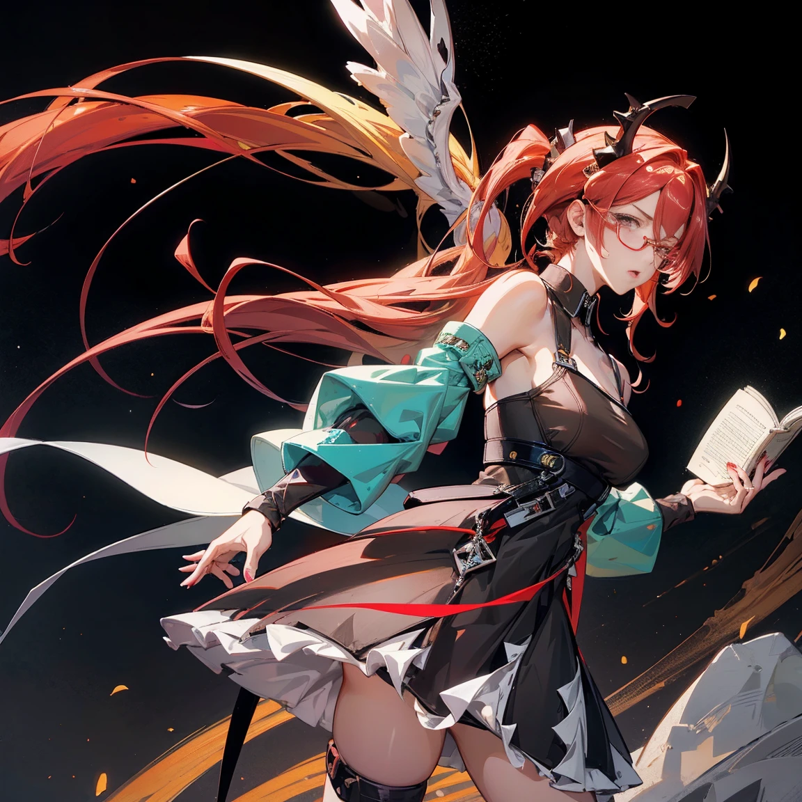 Mature anime girl (28 years old), red hair, high ponytail, one white streak of hair in the front, crystal hair band , ((glasses)), librarian dress, shoulder pads that look like wings, color palette red gold and teal, books
