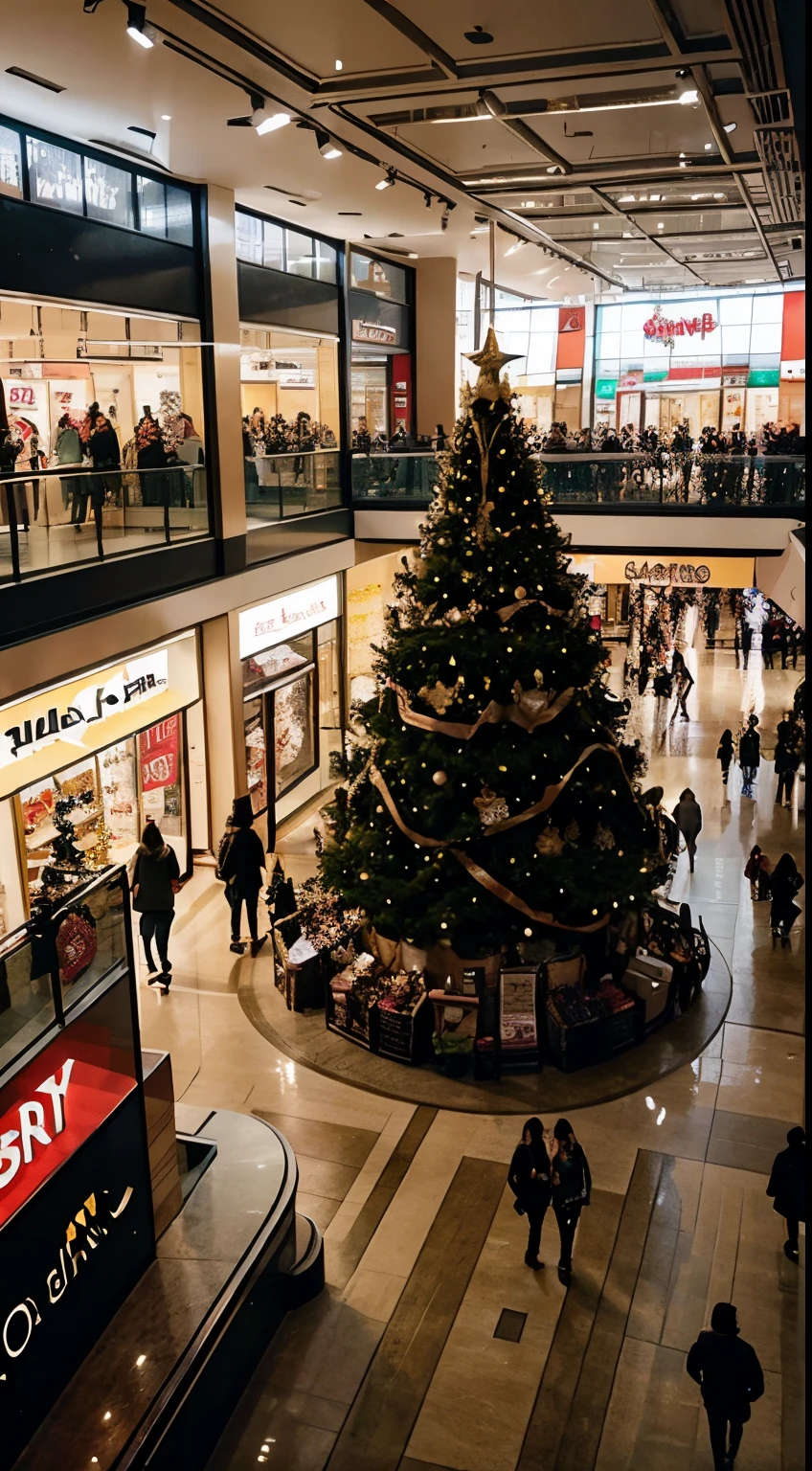 Photo from iPhone to Instagram stories, view of city mall with stores, crowded, Christmas mood, Christmas decor in mall