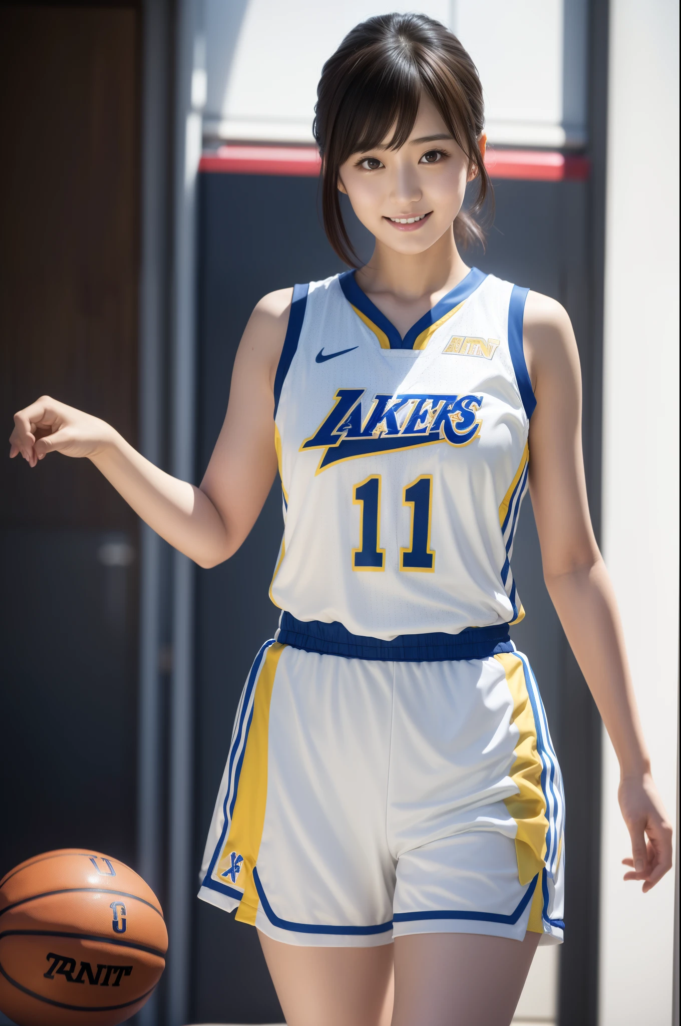 Asian woman in basketball uniform, wearing basketball jersey, white backgrounid, wearing nba jersey, cowboy  shot, longshot, Refreshing young Japan woman, 17 age,Cute gravure idol, full-body xianxia, model is wearing techtical vest, Smile, nffsw, masutepiece, awardwinning, 8K, Best Quality, Smile refreshingly, Haruka Ayase, assist々Kiki, Kana Hashimoto, Anatomically correct, awardwinning, nffsw, masutepiece, 8K